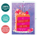 Load image into Gallery viewer, The cover of Tree-Free’s Cake Day card with lines demonstrating its 5x7 dimensions, along with the following text: “100% PCW recycled paper, proudly made in the USA, sustainably printed on extra-thick card stock”