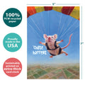 Load image into Gallery viewer, The cover of Tree-Free’s Chute Happens card with lines demonstrating its 5x7 dimensions, along with the following text: “100% PCW recycled paper, proudly made in the USA, sustainably printed on extra-thick card stock”
