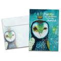 Load image into Gallery viewer, The cover of Tree-Free's Happiness Owl Crown card, along with its matching envelope.