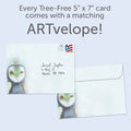 Load image into Gallery viewer, The envelope for Tree-Free’s Happiness Owl Crown card, along with the following text: “Every Tree-Free 5x7 card comes with a matching ARTvelope!”