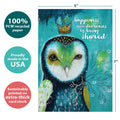 Load image into Gallery viewer, The cover of Tree-Free’s Happiness Owl Crown card with lines demonstrating its 5x7 dimensions, along with the following text: “100% PCW recycled paper, proudly made in the USA, sustainably printed on extra-thick card stock”