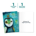 Load image into Gallery viewer, The cover and inside of Tree-Free’s Happiness Owl Crown card, along with the following text: “1 greeting card, 1 matching envelope”