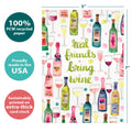 Load image into Gallery viewer, The cover of Tree-Free’s Friends Bring Wine card with lines demonstrating its 5x7 dimensions, along with the following text: “100% PCW recycled paper, proudly made in the USA, sustainably printed on extra-thick card stock”
