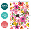 Load image into Gallery viewer, The cover of Tree-Free’s Bright Florals Mom card with lines demonstrating its 5x7 dimensions, along with the following text: “100% PCW recycled paper, proudly made in the USA, sustainably printed on extra-thick card stock”