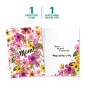 Load image into Gallery viewer, The cover and inside of Tree-Free’s Bright Florals Mom card, along with the following text: “1 greeting card, 1 matching envelope”