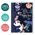 Load image into Gallery viewer, The cover of Tree-Free’s Nappy Hour card with lines demonstrating its 5x7 dimensions, along with the following text: “100% PCW recycled paper, proudly made in the USA, sustainably printed on extra-thick card stock”
