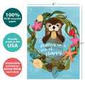 Load image into Gallery viewer, The cover of Tree-Free’s Sea Of Happy card with lines demonstrating its 5x7 dimensions, along with the following text: “100% PCW recycled paper, proudly made in the USA, sustainably printed on extra-thick card stock”
