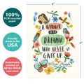 Load image into Gallery viewer, The cover of Tree-Free’s Winner Dreamer card with lines demonstrating its 5x7 dimensions, along with the following text: “100% PCW recycled paper, proudly made in the USA, sustainably printed on extra-thick card stock”
