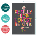 Load image into Gallery viewer, The cover of Tree-Free’s Be Silly card with lines demonstrating its 5x7 dimensions, along with the following text: “100% PCW recycled paper, proudly made in the USA, sustainably printed on extra-thick card stock”