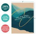 Load image into Gallery viewer, The cover of Tree-Free’s Where You Are card with lines demonstrating its 5x7 dimensions, along with the following text: “100% PCW recycled paper, proudly made in the USA, sustainably printed on extra-thick card stock”