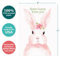 Load image into Gallery viewer, The cover of Tree-Free’s Pink Bunny card with lines demonstrating its 5x7 dimensions, along with the following text: “100% PCW recycled paper, proudly made in the USA, sustainably printed on extra-thick card stock”