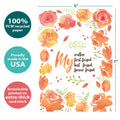 Load image into Gallery viewer, The cover of Tree-Free’s Mother Friend card with lines demonstrating its 5x7 dimensions, along with the following text: “100% PCW recycled paper, proudly made in the USA, sustainably printed on extra-thick card stock”