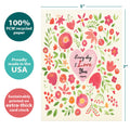 Load image into Gallery viewer, The cover of Tree-Free’s Love You More card with lines demonstrating its 5x7 dimensions, along with the following text: “100% PCW recycled paper, proudly made in the USA, sustainably printed on extra-thick card stock”