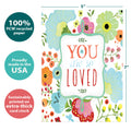 Load image into Gallery viewer, The cover of Tree-Free’s Loved All Occasion Card card with lines demonstrating its 5x7 dimensions, along with the following text: “100% PCW recycled paper, proudly made in the USA, sustainably printed on extra-thick card stock”
