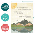 Load image into Gallery viewer, The cover of Tree-Free’s Purpose of Life card with lines demonstrating its 5x7 dimensions, along with the following text: “100% PCW recycled paper, proudly made in the USA, sustainably printed on extra-thick card stock”