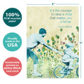 Load image into Gallery viewer, The cover of Tree-Free’s Father Courage card with lines demonstrating its 5x7 dimensions, along with the following text: “100% PCW recycled paper, proudly made in the USA, sustainably printed on extra-thick card stock”