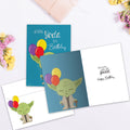 Load image into Gallery viewer, The inside of Tree-Free’s Yoda Best Birthday card, with the cover and envelope in the background.
