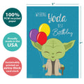 Load image into Gallery viewer, The cover of Tree-Free’s Yoda Best Birthday card with lines demonstrating its 5x7 dimensions, along with the following text: “100% PCW recycled paper, proudly made in the USA, sustainably printed on extra-thick card stock”