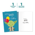 Load image into Gallery viewer, The cover and inside of Tree-Free’s Yoda Best Birthday card, along with the following text: “1 greeting card, 1 matching envelope”