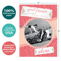 Load image into Gallery viewer, The cover of Tree-Free’s Galentine card with lines demonstrating its 5x7 dimensions, along with the following text: “100% PCW recycled paper, proudly made in the USA, sustainably printed on extra-thick card stock”