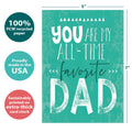 Load image into Gallery viewer, The cover of Tree-Free’s My Favorite Dad card with lines demonstrating its 5x7 dimensions, along with the following text: “100% PCW recycled paper, proudly made in the USA, sustainably printed on extra-thick card stock”