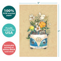 Load image into Gallery viewer, The cover of Tree-Free’s Flower Van card with lines demonstrating its 5x7 dimensions, along with the following text: “100% PCW recycled paper, proudly made in the USA, sustainably printed on extra-thick card stock”