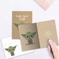 Load image into Gallery viewer, The inside of Tree-Free’s Yoda Best Dad card, with the cover and envelope in the background.