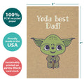 Load image into Gallery viewer, The cover of Tree-Free’s Yoda Best Dad card with lines demonstrating its 5x7 dimensions, along with the following text: “100% PCW recycled paper, proudly made in the USA, sustainably printed on extra-thick card stock”