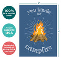 Load image into Gallery viewer, The cover of Tree-Free’s Kindle My Campfire Love Card card with lines demonstrating its 5x7 dimensions, along with the following text: “100% PCW recycled paper, proudly made in the USA, sustainably printed on extra-thick card stock”