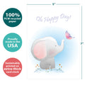 Load image into Gallery viewer, The cover of Tree-Free’s Happy Day Elephant card with lines demonstrating its 5x7 dimensions, along with the following text: “100% PCW recycled paper, proudly made in the USA, sustainably printed on extra-thick card stock”
