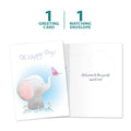 Load image into Gallery viewer, The cover and inside of Tree-Free’s Happy Day Elephant card, along with the following text: “1 greeting card, 1 matching envelope”