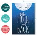 Load image into Gallery viewer, The cover of Tree-Free’s Moon and Back Anniversary card with lines demonstrating its 5x7 dimensions, along with the following text: “100% PCW recycled paper, proudly made in the USA, sustainably printed on extra-thick card stock”