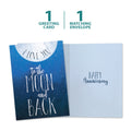 Load image into Gallery viewer, The cover and inside of Tree-Free’s Moon and Back Anniversary card, along with the following text: “1 greeting card, 1 matching envelope”