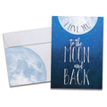 Load image into Gallery viewer, The cover of Tree-Free's Moon and Back Anniversary card, along with its matching envelope.