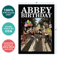 Load image into Gallery viewer, The cover of Tree-Free’s Abbey Birthday card with lines demonstrating its 5x7 dimensions, along with the following text: “100% PCW recycled paper, proudly made in the USA, sustainably printed on extra-thick card stock”