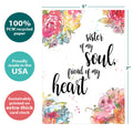 Load image into Gallery viewer, The cover of Tree-Free’s Soul Sister card with lines demonstrating its 5x7 dimensions, along with the following text: “100% PCW recycled paper, proudly made in the USA, sustainably printed on extra-thick card stock”