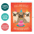 Load image into Gallery viewer, The cover of Tree-Free’s Pugs And Kisses Birthday Card card with lines demonstrating its 5x7 dimensions, along with the following text: “100% PCW recycled paper, proudly made in the USA, sustainably printed on extra-thick card stock”