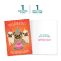 Load image into Gallery viewer, The cover and inside of Tree-Free’s Pugs And Kisses Birthday Card card, along with the following text: “1 greeting card, 1 matching envelope”