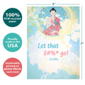 Load image into Gallery viewer, The cover of Tree-Free’s Let It Go Support Card card with lines demonstrating its 5x7 dimensions, along with the following text: “100% PCW recycled paper, proudly made in the USA, sustainably printed on extra-thick card stock”