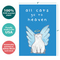 Load image into Gallery viewer, The cover of Tree-Free’s Cat Heaven Pet card with lines demonstrating its 5x7 dimensions, along with the following text: “100% PCW recycled paper, proudly made in the USA, sustainably printed on extra-thick card stock”