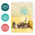 Load image into Gallery viewer, The cover of Tree-Free’s Can't Cope Cat card with lines demonstrating its 5x7 dimensions, along with the following text: “100% PCW recycled paper, proudly made in the USA, sustainably printed on extra-thick card stock”