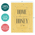 Load image into Gallery viewer, The cover of Tree-Free’s Honey Home card with lines demonstrating its 5x7 dimensions, along with the following text: “100% PCW recycled paper, proudly made in the USA, sustainably printed on extra-thick card stock”