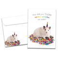 Load image into Gallery viewer, The cover of Tree-Free's Rainbow Sprinkles Mouse card, along with its matching envelope.