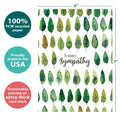 Load image into Gallery viewer, The cover of Tree-Free’s Sympathy Trees card with lines demonstrating its 5x7 dimensions, along with the following text: “100% PCW recycled paper, proudly made in the USA, sustainably printed on extra-thick card stock”
