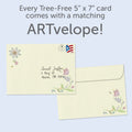Load image into Gallery viewer, The envelope for Tree-Free’s Pretty Thanks card, along with the following text: “Every Tree-Free 5x7 card comes with a matching ARTvelope!”