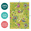 Load image into Gallery viewer, The cover of Tree-Free’s Pretty Thank You Card card with lines demonstrating its 5x7 dimensions, along with the following text: “100% PCW recycled paper, proudly made in the USA, sustainably printed on extra-thick card stock”