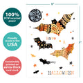 Load image into Gallery viewer, The cover of Tree-Free’s Artful Bats Halloween Card card with lines demonstrating its 5x7 dimensions, along with the following text: “100% PCW recycled paper, proudly made in the USA, sustainably printed on extra-thick card stock”