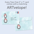 Load image into Gallery viewer, The envelope for Tree-Free’s Boho Christmas Penguins card, along with the following text: “Every Tree-Free 5x7 card comes with a matching ARTvelope!”