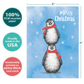 Load image into Gallery viewer, The cover of Tree-Free’s Boho Christmas Penguins card with lines demonstrating its 5x7 dimensions, along with the following text: “100% PCW recycled paper, proudly made in the USA, sustainably printed on extra-thick card stock”