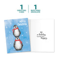 Load image into Gallery viewer, The cover and inside of Tree-Free’s Boho Christmas Penguins Holiday Card card, along with the following text: “1 greeting card, 1 matching envelope”
